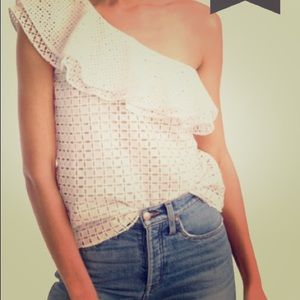One-shoulder ruffle eyelet top